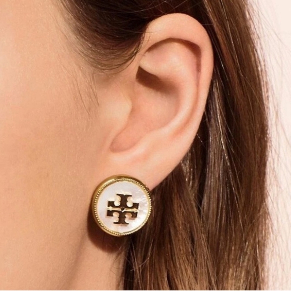 Tory Burch semiprecious ivory round button stud logo earrings - Picture 2 of 9